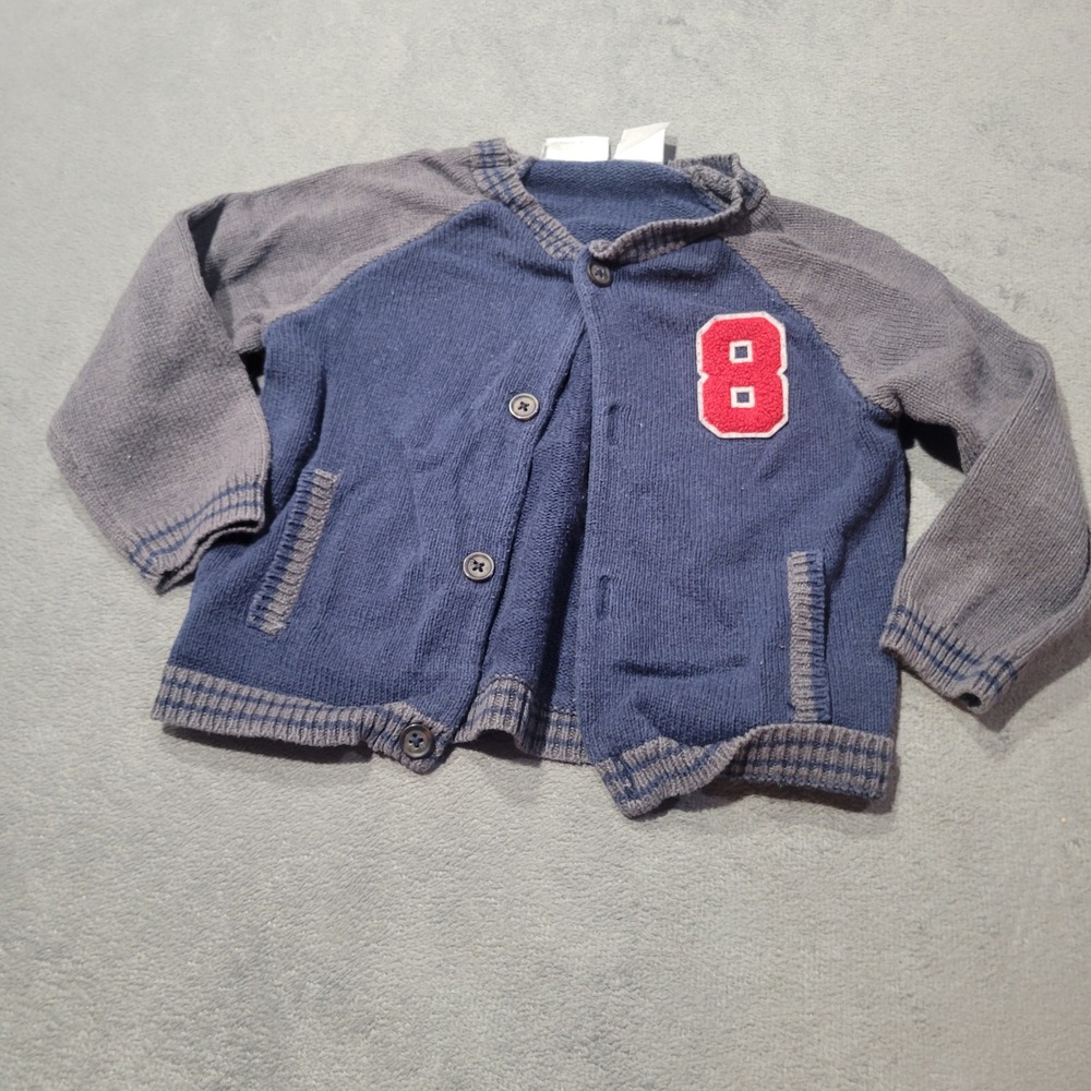 Koala Kids Cardigan Boys 12-18M Blue Grey Varsity Sweater Number 8 Patch Sporty